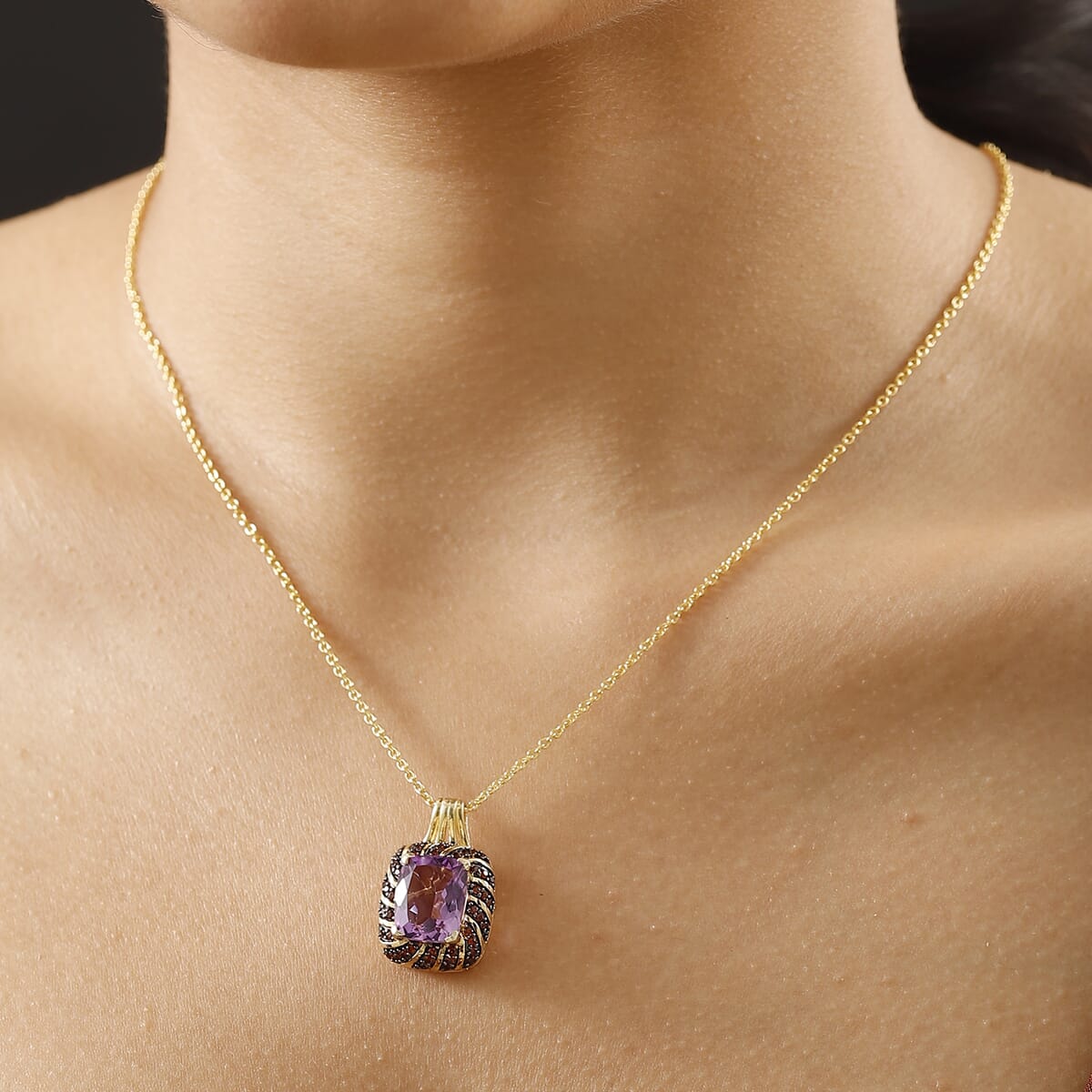 Karis Moroccan Rose and Mozambique Garnet 5.90 ctw Royal Mystique Pendant in 18K YG Plated with Stainless Steel Necklace 20 Inches image number 2