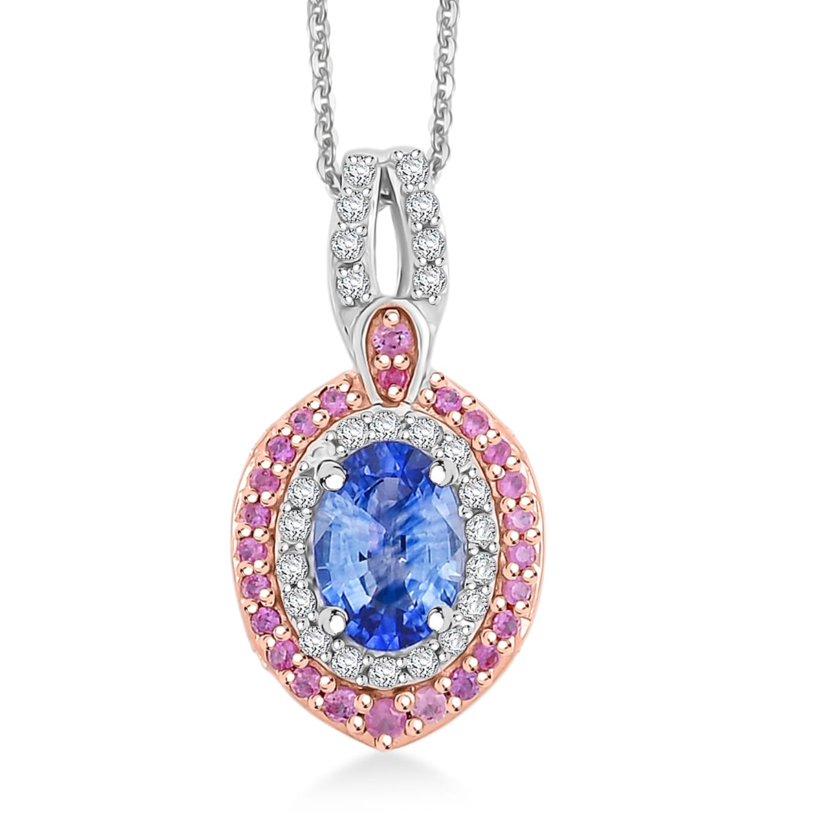 D'Joy Ceylon Blue Sapphire, Multi Gemstone 2.20 ctw Celestial Halo Pendant Necklace in Rhodium Over Sterling Silver 20 Inches image number 0