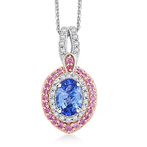 D'Joy Ceylon Blue Sapphire, Multi Gemstone 2.20 ctw Celestial Halo Pendant Necklace in Rhodium Over Sterling Silver 20 Inches