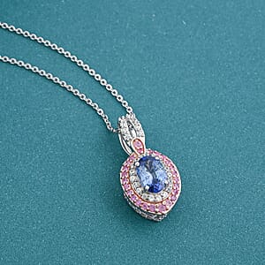 D'Joy Ceylon Blue Sapphire, Multi Gemstone 2.20 ctw Celestial Halo Pendant Necklace in Rhodium Over Sterling Silver 20 Inches
