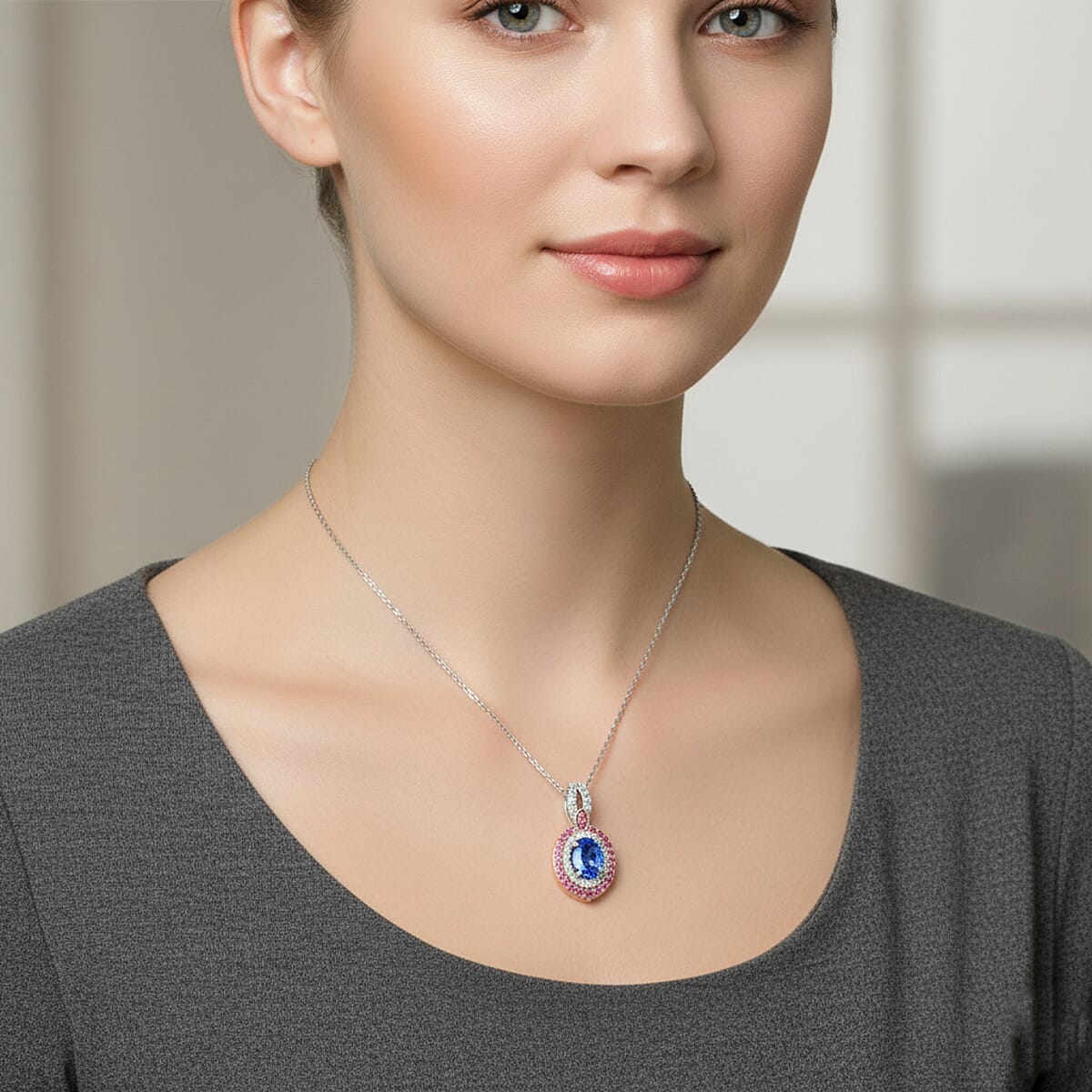 D'Joy Ceylon Blue Sapphire, Multi Gemstone 2.20 ctw Celestial Halo Pendant Necklace in Rhodium Over Sterling Silver 20 Inches image number 2