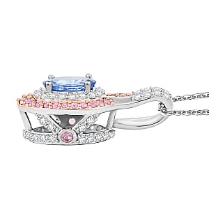 D'Joy Ceylon Blue Sapphire, Multi Gemstone 2.20 ctw Celestial Halo Pendant Necklace in Rhodium Over Sterling Silver 20 Inches