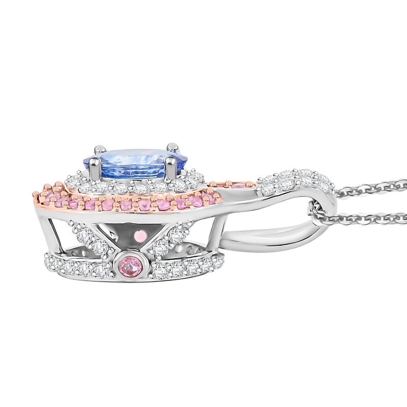 D'Joy Ceylon Blue Sapphire, Multi Gemstone 2.20 ctw Celestial Halo Pendant Necklace in Rhodium Over Sterling Silver 20 Inches