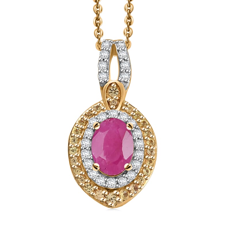 D'Joy AAA Royal Ruby and Multi Gemstone 1.90 ctw Celestial Halo Pendant Necklace in 18K Vermeil Yellow Gold Over Sterling Silver 20 Inches