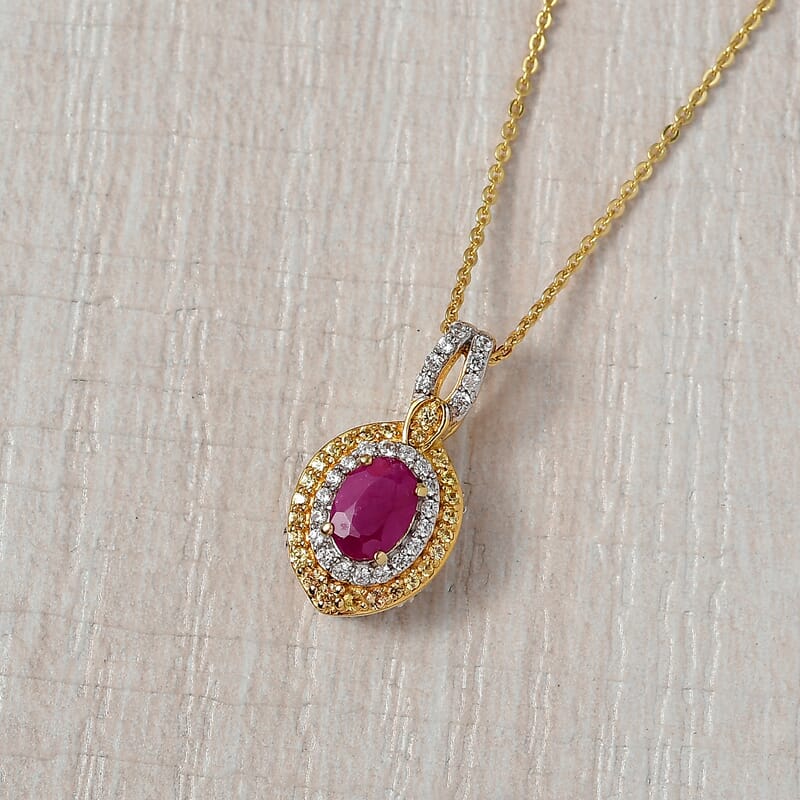D'Joy AAA Royal Ruby and Multi Gemstone 1.90 ctw Celestial Halo Pendant Necklace in 18K Vermeil Yellow Gold Over Sterling Silver 20 Inches
