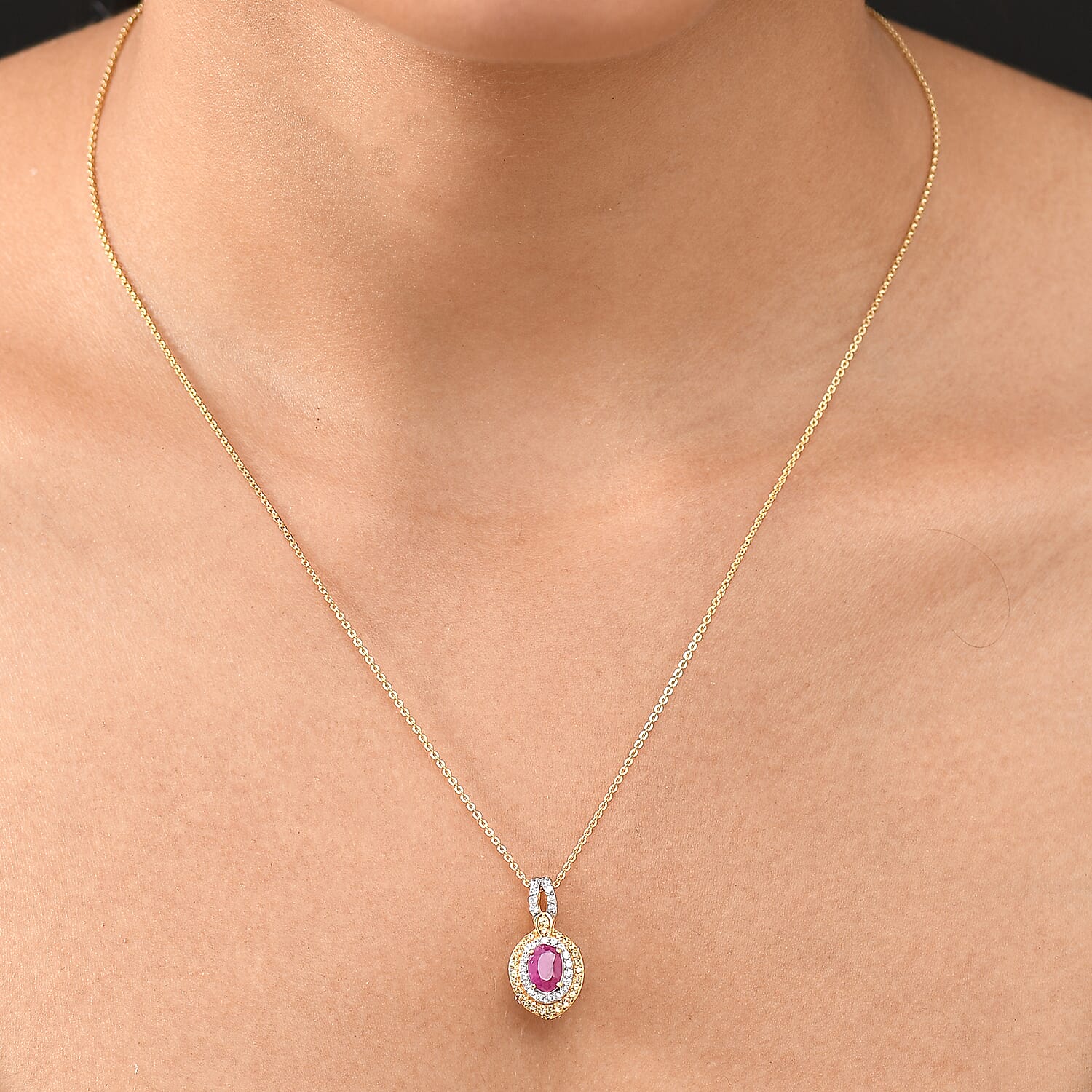 D'Joy AAA Royal Ruby and Multi Gemstone 1.90 ctw Celestial Halo Pendant Necklace in 18K Vermeil Yellow Gold Over Sterling Silver 20 Inches