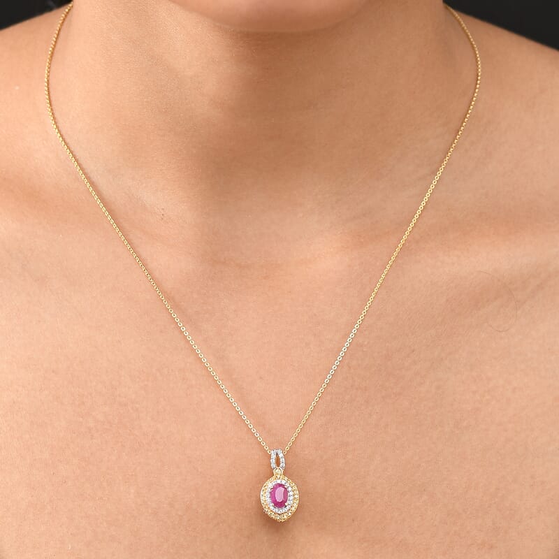 D'Joy AAA Royal Ruby and Multi Gemstone 1.90 ctw Celestial Halo Pendant Necklace in 18K Vermeil Yellow Gold Over Sterling Silver 20 Inches