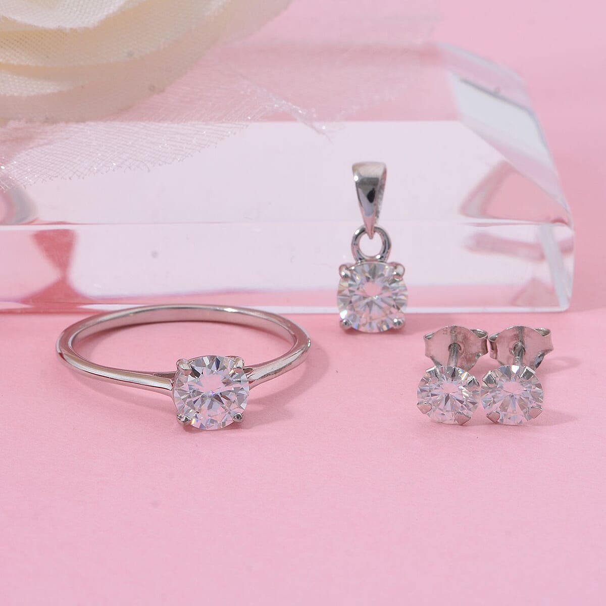 Moissanite 2.50 ctw Stud Earrings, Solitaire Ring (Size 5.0) and Pendant Necklace 20 Inches in Rhodium Over Sterling Silver image number 1