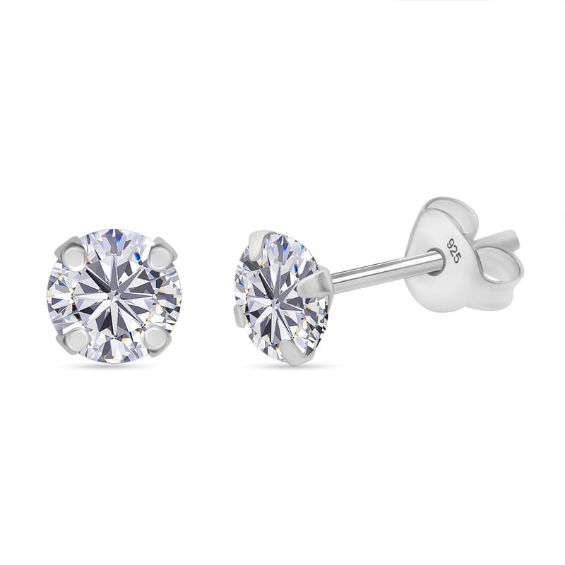 Moissanite 2.50 ctw Stud Earrings, Solitaire Ring (Size 5.0) and Pendant Necklace 20 Inches in Rhodium Over Sterling Silver