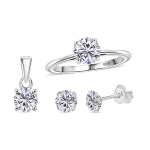 Moissanite 2.50 ctw Stud Earrings, Solitaire Ring (Size 6.0) and Pendant Necklace 20 Inches in Rhodium Over Sterling Silver