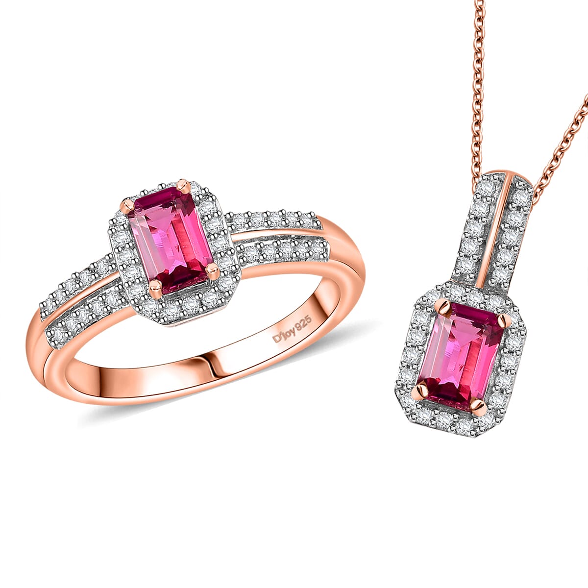 Luxuriant Bixbite (LG) and White Zircon 1.60 ctw Blush Royale Ring (Size 9.0) and Pendant Necklace (20 Inches) in 18K Vermeil Rose Gold Over Sterling Silver image number 0