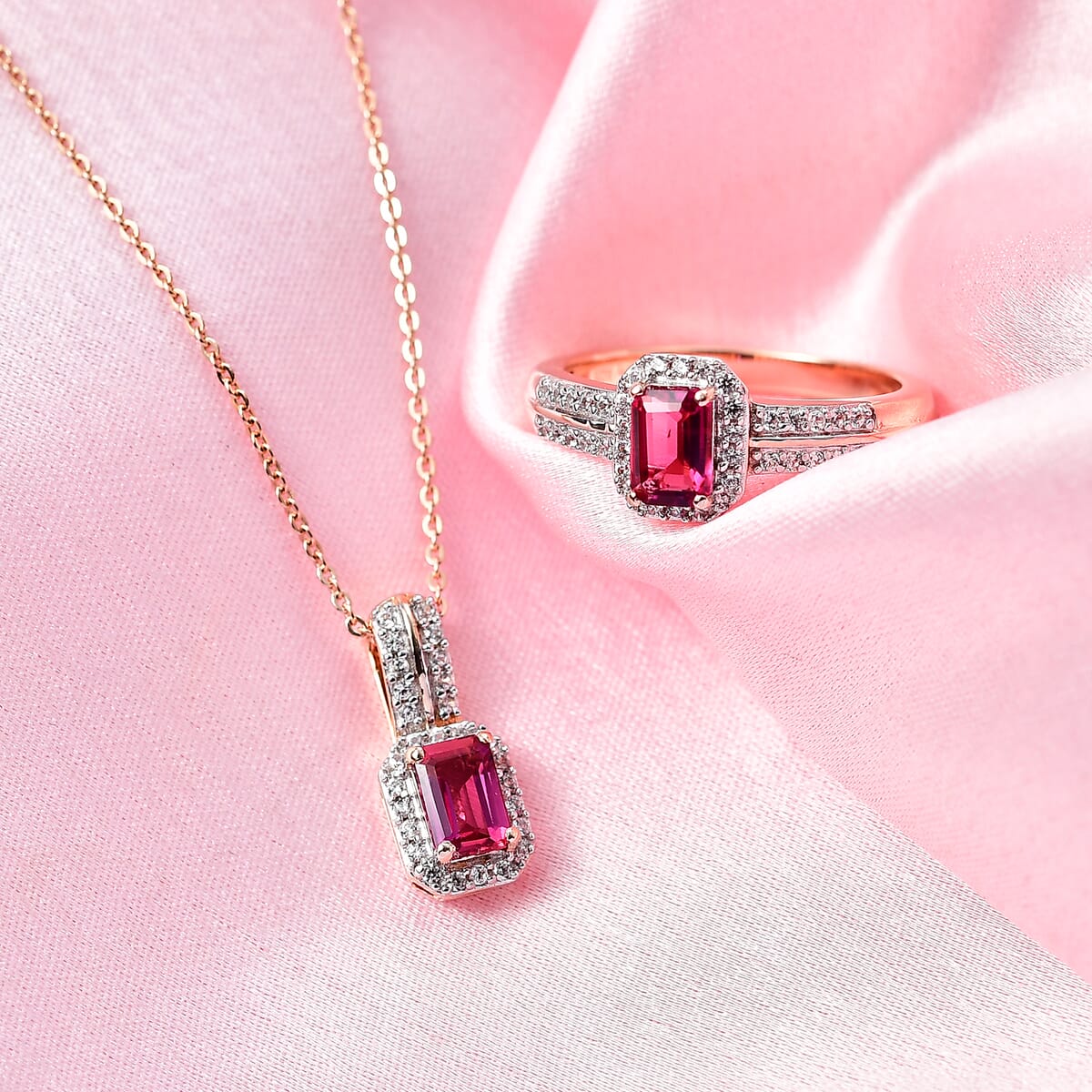 Luxuriant Bixbite (LG) and White Zircon 1.60 ctw Blush Royale Ring (Size 9.0) and Pendant Necklace (20 Inches) in 18K Vermeil Rose Gold Over Sterling Silver image number 1