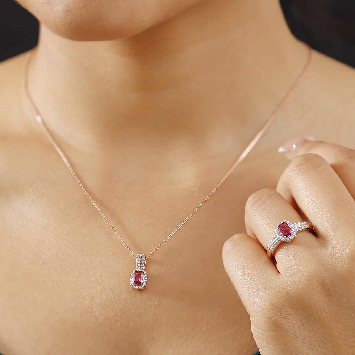 Luxuriant Bixbite (LG) and White Zircon 1.60 ctw Blush Royale Ring (Size 9.0) and Pendant Necklace (20 Inches) in 18K Vermeil Rose Gold Over Sterling Silver image number 2