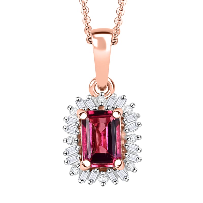 Luxuriant Bixbite (LG) and Dimond 0.65 ctw Blossom Halo Pendant Necklace in 18K Vermeil Rose Gold Sterling Silver 20 Inches