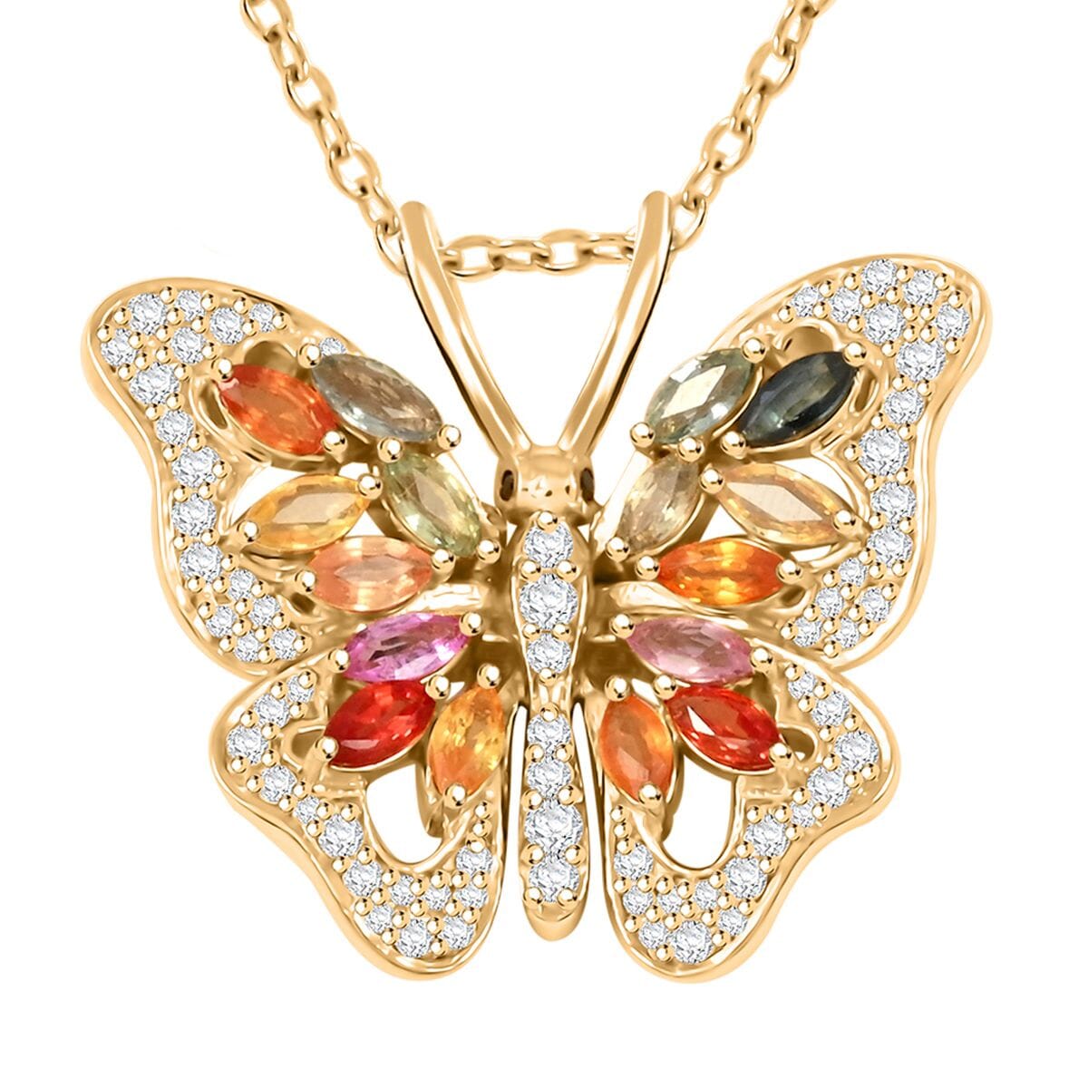 Clarte Flutter Collection Multi Sapphire, Black and White Moissantie 1.65 ctw Pendant Necklace in 14K Yellow Gold Over Sterling Silver 18 Inches image number 0