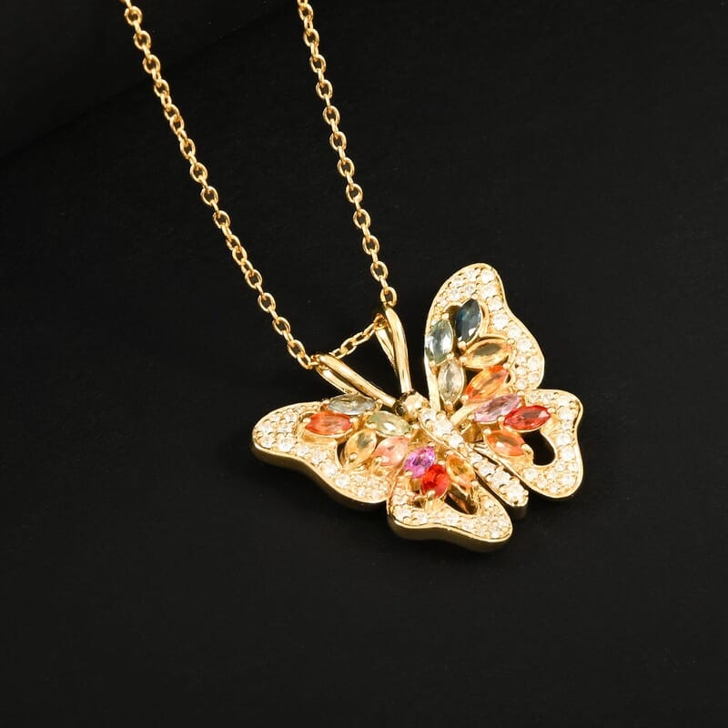 Multi Sapphire, Black and White Moissanite 1.65 ctw Pendant Necklace in 14K Yellow Gold Over Sterling Silver 18 Inches