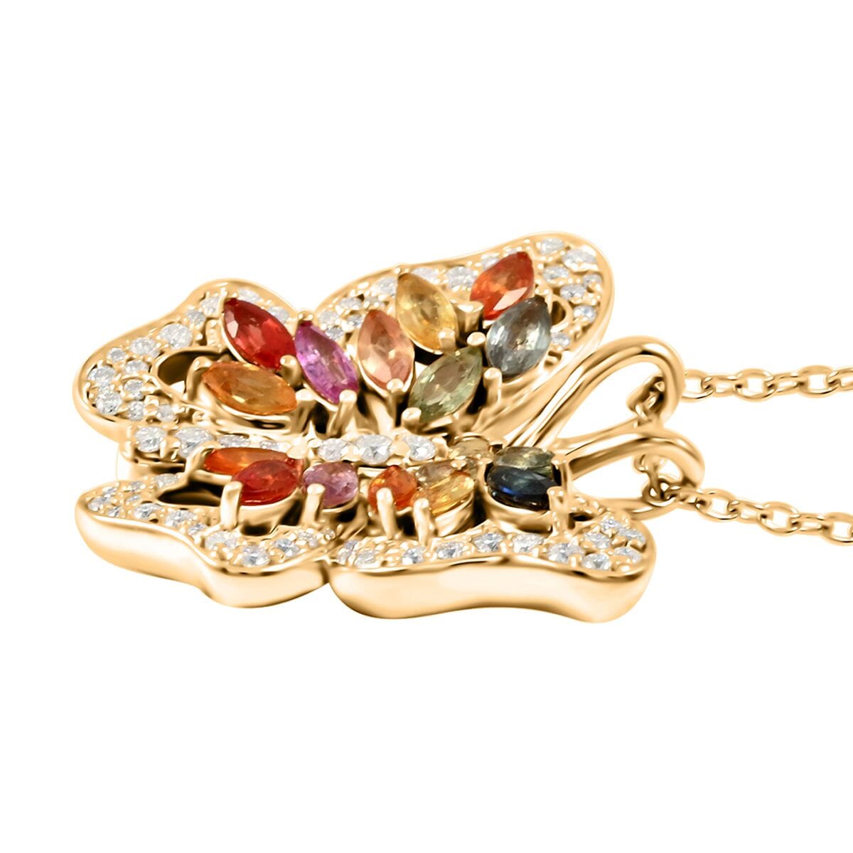 Clarte Flutter Collection Multi Sapphire, Black and White Moissantie 1.65 ctw Pendant Necklace in 14K Yellow Gold Over Sterling Silver 18 Inches image number 3