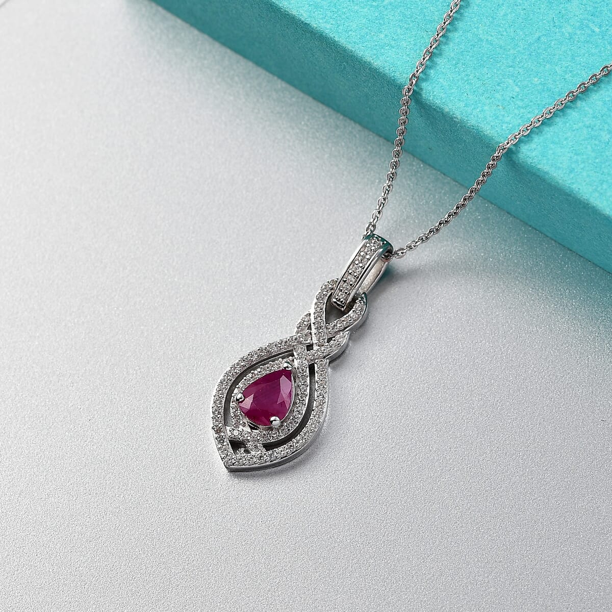 AAA Royal Ruby and White Zircon 1.50 ctw Infinity Teardrop Pendant Necklace in Rhodium Over Sterling Silver 20 Inches image number 1
