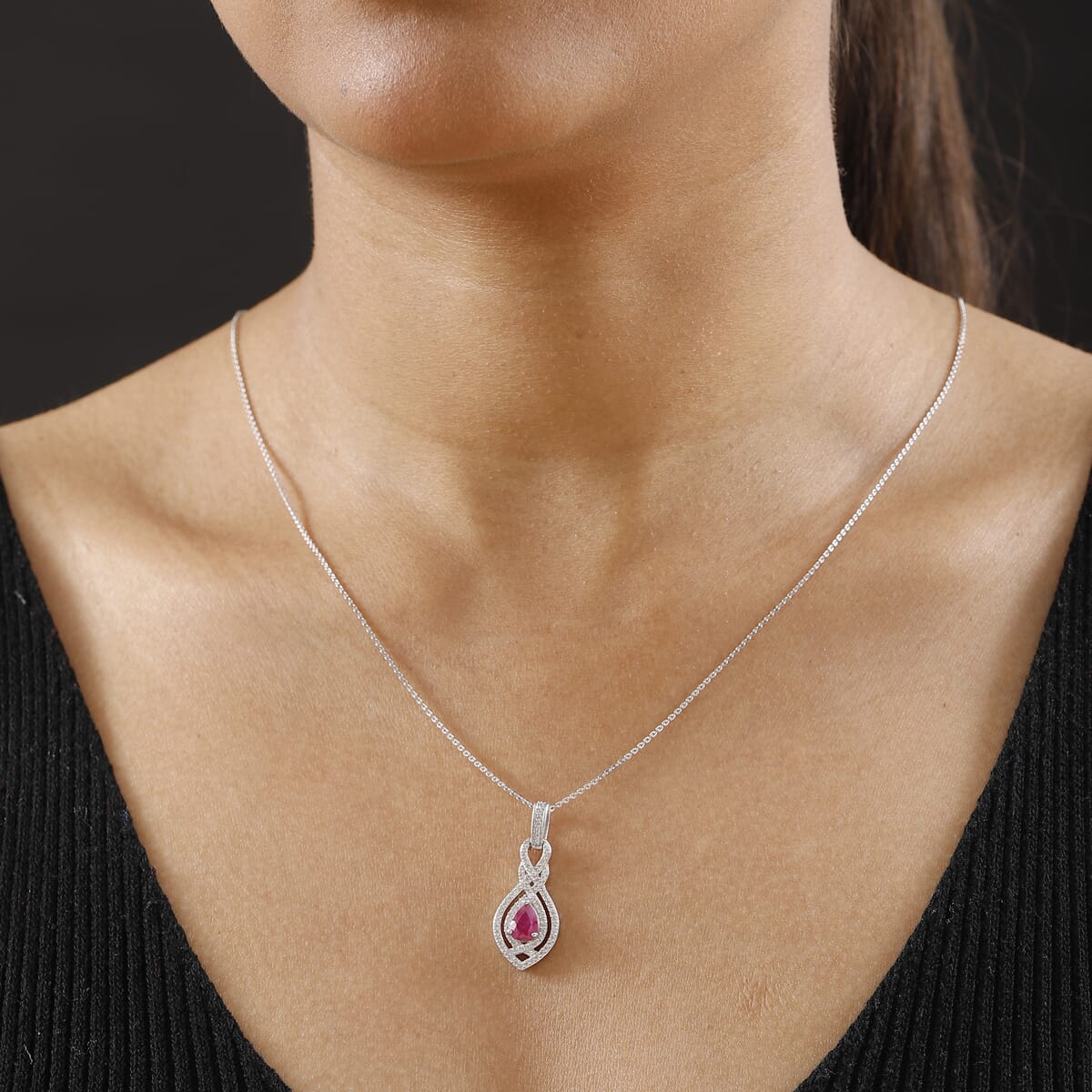 AAA Royal Ruby and White Zircon 1.50 ctw Infinity Teardrop Pendant Necklace in Rhodium Over Sterling Silver 20 Inches image number 2