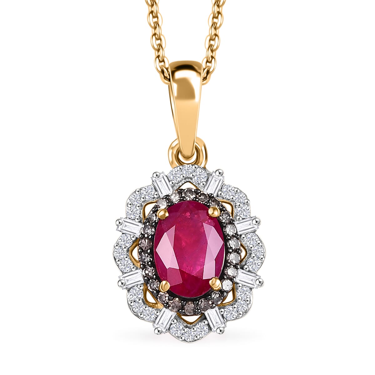 Mozambique Ruby, Natural Champagne and White Diamond 1.80 ctw Regal Bloom Pendant Necklace in 18K Vermeil Yellow Gold Over Sterling Silver 20 Inches image number 0