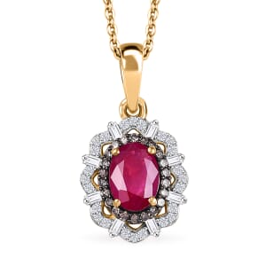 Mozambique Ruby, Natural Champagne and White Diamond 1.80 ctw Regal Bloom Pendant Necklace in 18K Vermeil Yellow Gold Over Sterling Silver 20 Inches