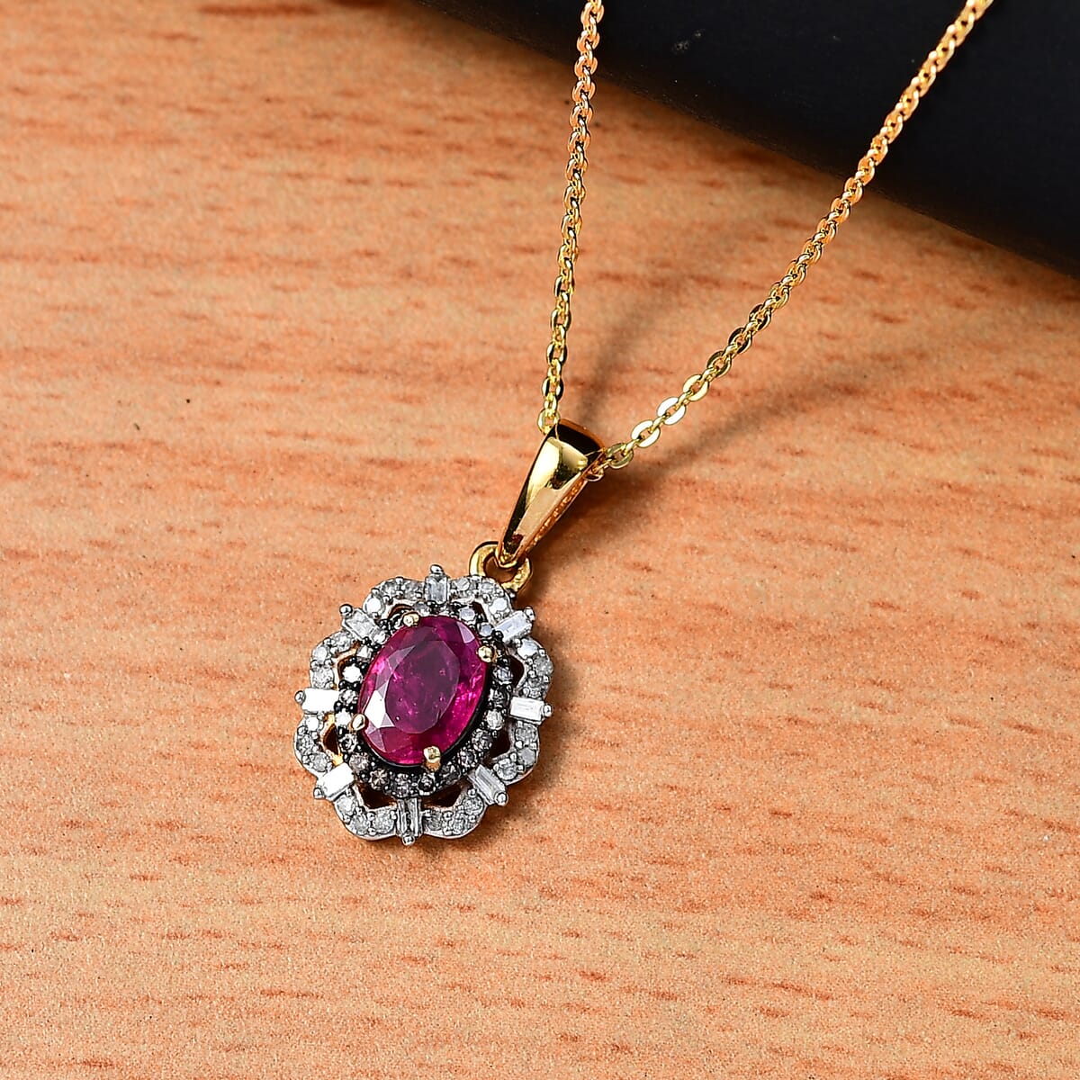 Mozambique Ruby, Natural Champagne and White Diamond 1.80 ctw Regal Bloom Pendant Necklace in 18K Vermeil Yellow Gold Over Sterling Silver 20 Inches image number 1