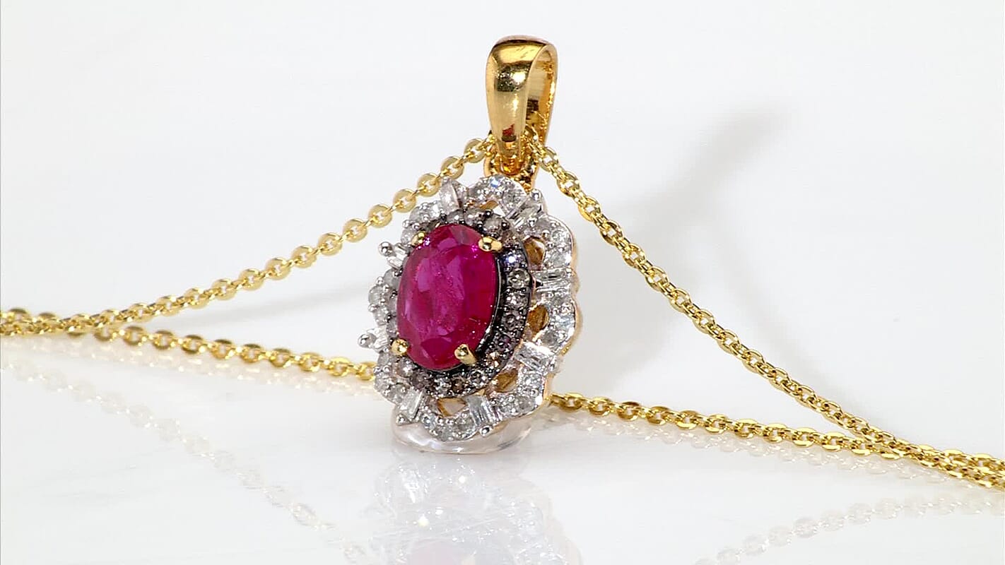 D'Joy Premium Montepuez Ruby, Natural Champagne and White Diamond 1.80 ctw Regal Bloom Pendant Necklace in 18K Vermeil Yellow Gold Over Sterling Silver 20 Inches