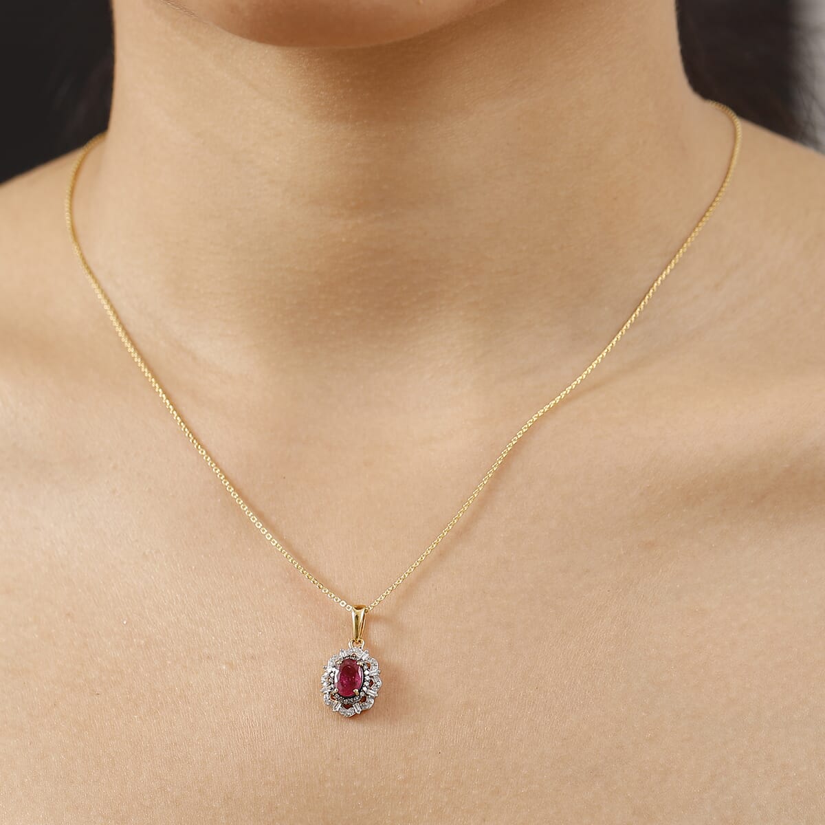 Mozambique Ruby, Natural Champagne and White Diamond 1.80 ctw Regal Bloom Pendant Necklace in 18K Vermeil Yellow Gold Over Sterling Silver 20 Inches image number 2