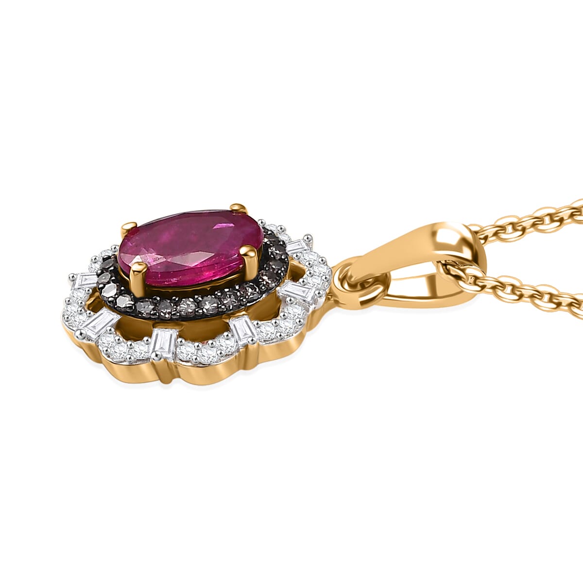 Mozambique Ruby, Natural Champagne and White Diamond 1.80 ctw Regal Bloom Pendant Necklace in 18K Vermeil Yellow Gold Over Sterling Silver 20 Inches image number 3