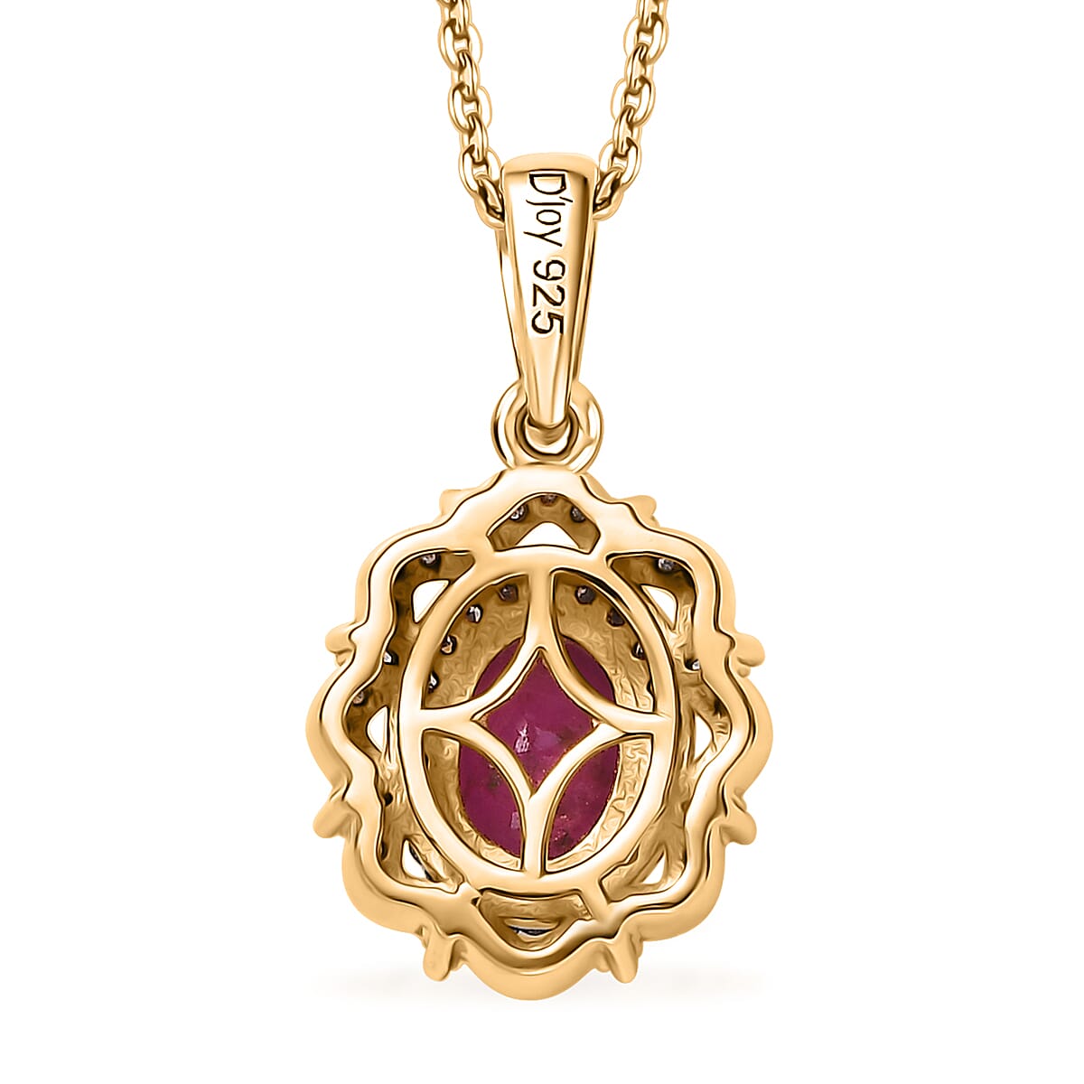 D'Joy Premium Montepuez Ruby, Natural Champagne and White Diamond 1.80 ctw Regal Bloom Pendant Necklace in 18K Vermeil Yellow Gold Over Sterling Silver 20 Inches
