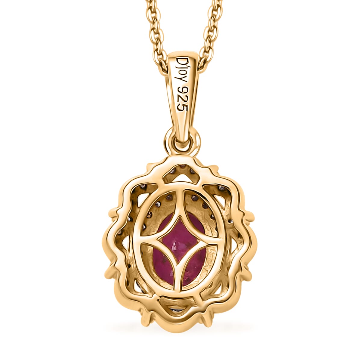 Mozambique Ruby, Natural Champagne and White Diamond 1.80 ctw Regal Bloom Pendant Necklace in 18K Vermeil Yellow Gold Over Sterling Silver 20 Inches image number 4