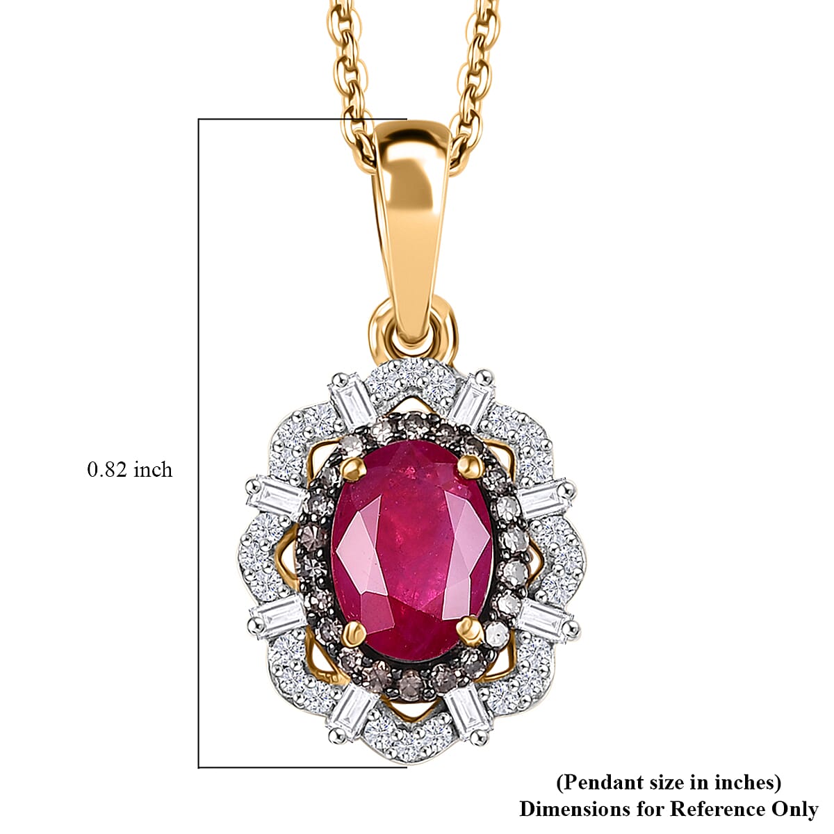 D'Joy Premium Montepuez Ruby, Natural Champagne and White Diamond 1.80 ctw Regal Bloom Pendant Necklace in 18K Vermeil Yellow Gold Over Sterling Silver 20 Inches