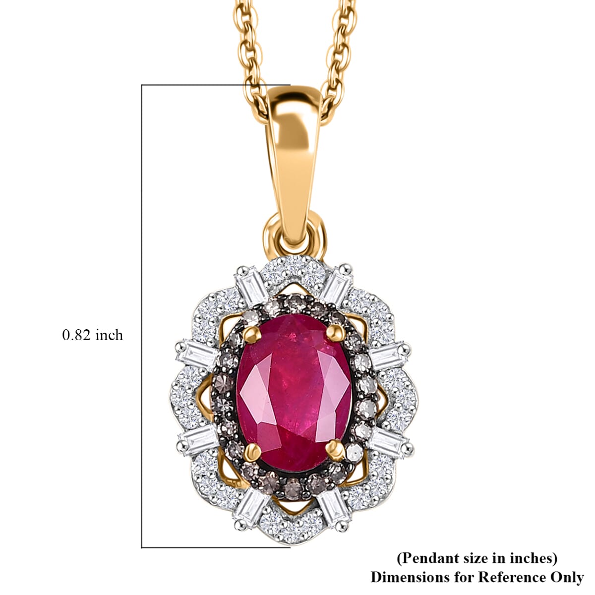 Mozambique Ruby, Natural Champagne and White Diamond 1.80 ctw Regal Bloom Pendant Necklace in 18K Vermeil Yellow Gold Over Sterling Silver 20 Inches image number 6