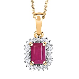 AAA Royal Ruby and Diamond 1.00 ctw Halo Pendant Necklace in 18K Vermeil Yellow Gold Over Sterling Silver 20 Inches
