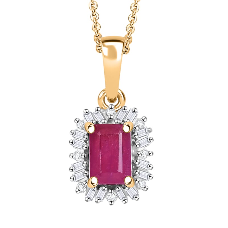 AAA Royal Ruby and Diamond 1.00 ctw Halo Pendant Necklace in 18K Vermeil Yellow Gold Over Sterling Silver 20 Inches