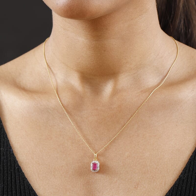 AAA Royal Ruby and Diamond 1.00 ctw Halo Pendant Necklace in 18K Vermeil Yellow Gold Over Sterling Silver 20 Inches