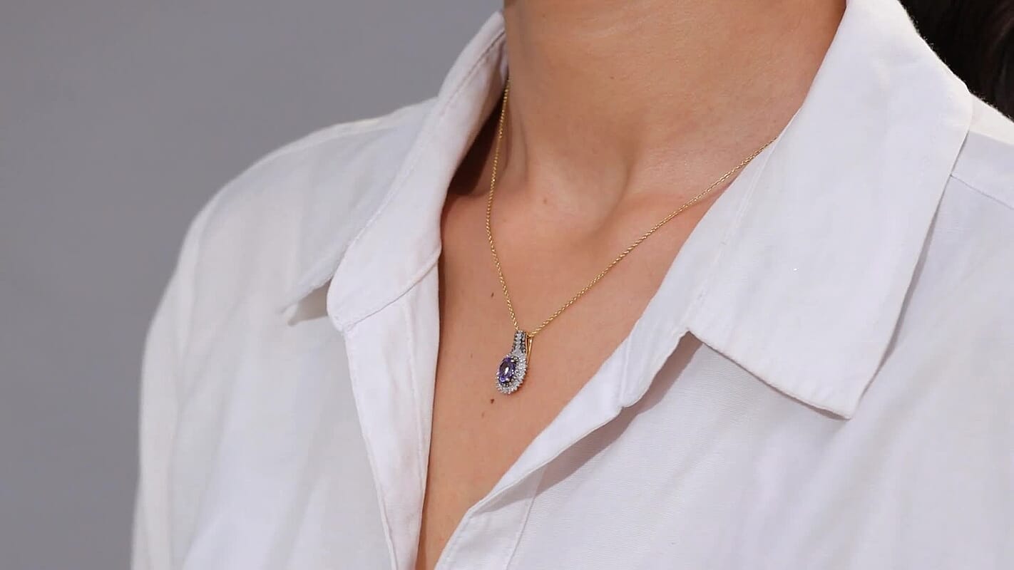 D'Joy Tanzanite, Natural Champagne and White Diamond 1.25 ctw Pendant Necklace 20 Inches in 18K Vermeil Yellow Gold Over Sterling Silver