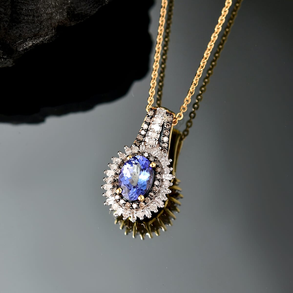 D'Joy Tanzanite, Natural Champagne and White Diamond 1.25 ctw Pendant Necklace 20 Inches in 18K Vermeil Yellow Gold Over Sterling Silver image number 1