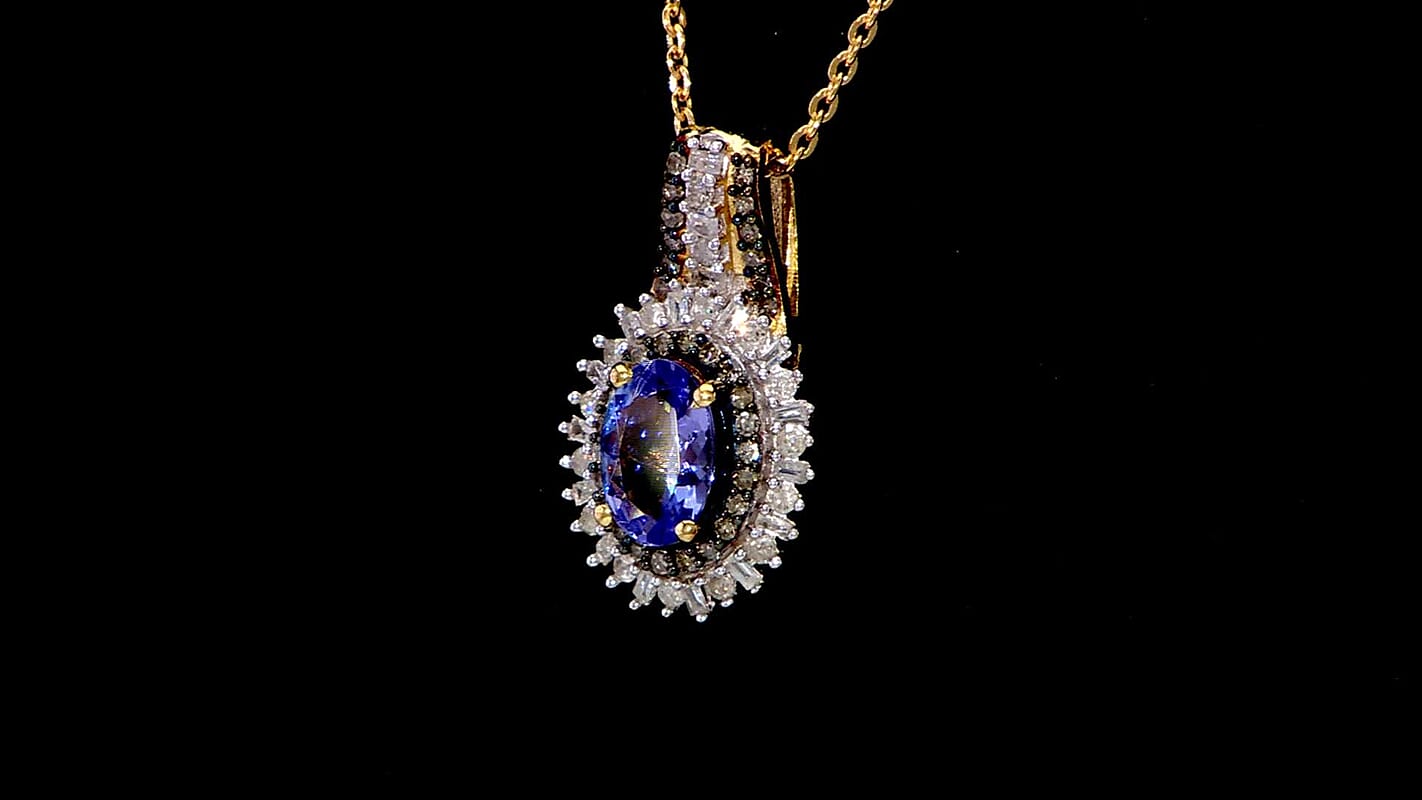 D'Joy Tanzanite, Natural Champagne and White Diamond 1.25 ctw Pendant Necklace 20 Inches in 18K Vermeil Yellow Gold Over Sterling Silver