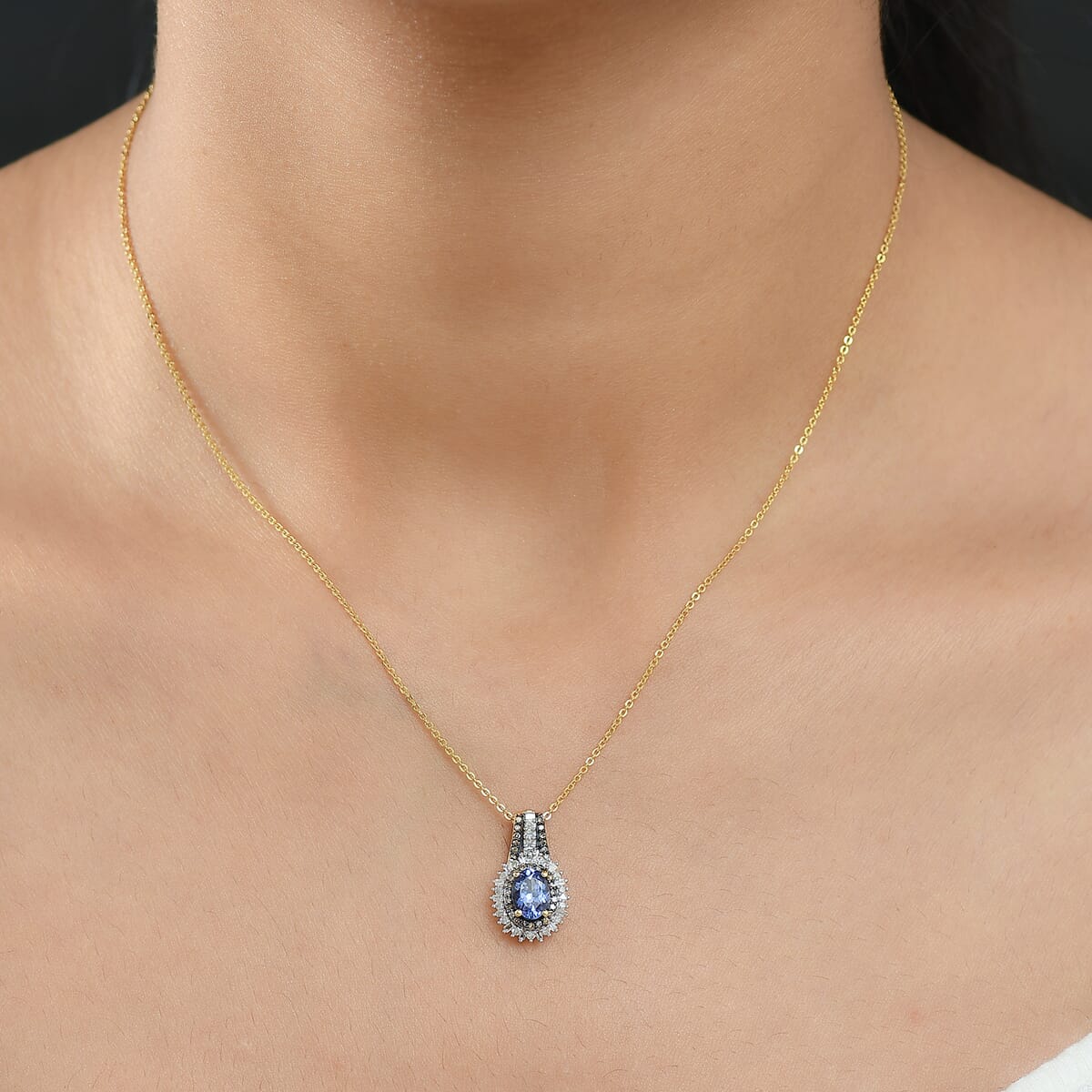 D'Joy Tanzanite, Natural Champagne and White Diamond 1.25 ctw Pendant Necklace 20 Inches in 18K Vermeil Yellow Gold Over Sterling Silver image number 2