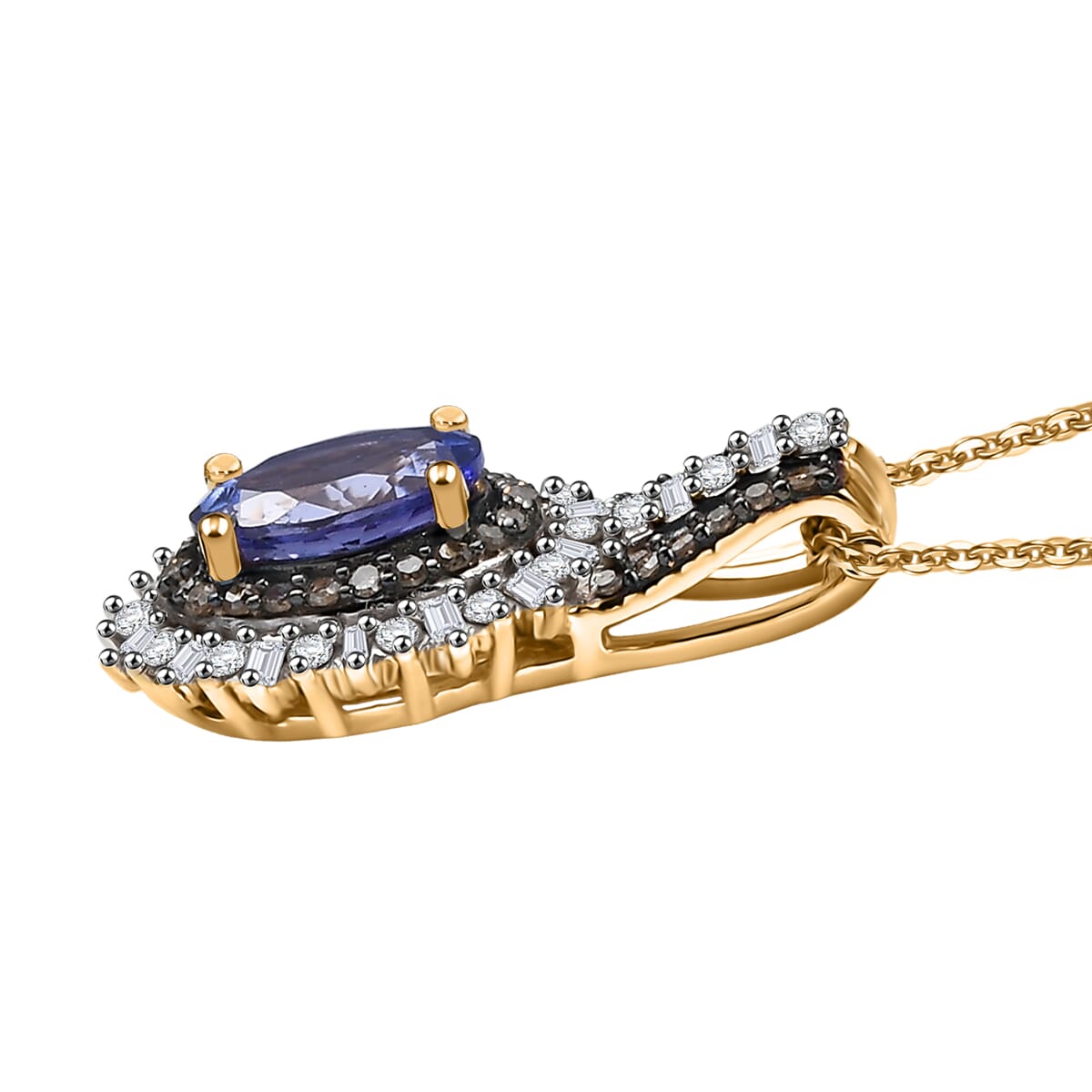 D'Joy Tanzanite, Natural Champagne and White Diamond 1.25 ctw Pendant Necklace 20 Inches in 18K Vermeil Yellow Gold Over Sterling Silver image number 3