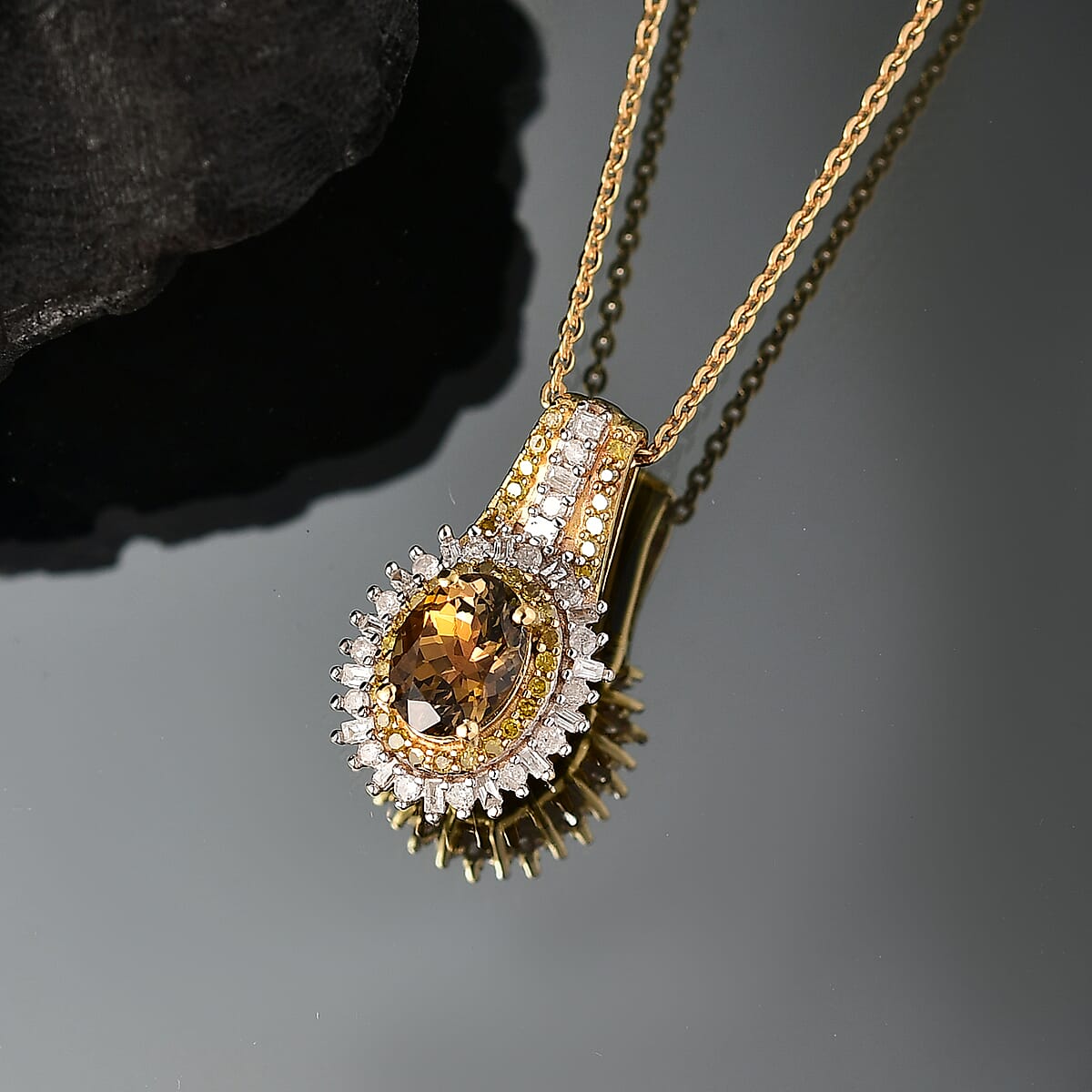 D'Joy Golden Tanzanite, Yellow and White Diamond 1.25 ctw Radiant Sunburst Pendant Necklace 20 Inches in 18K Vermeil Yellow Gold Over Sterling Silver image number 1