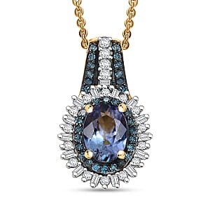 D'Joy Peacock Tanzanite, Blue and White Diamond 1.20 ctw Radiant Sunburst Pendant Necklace 20 Inches in 18K Vermeil Yellow Gold Over Sterling Silver