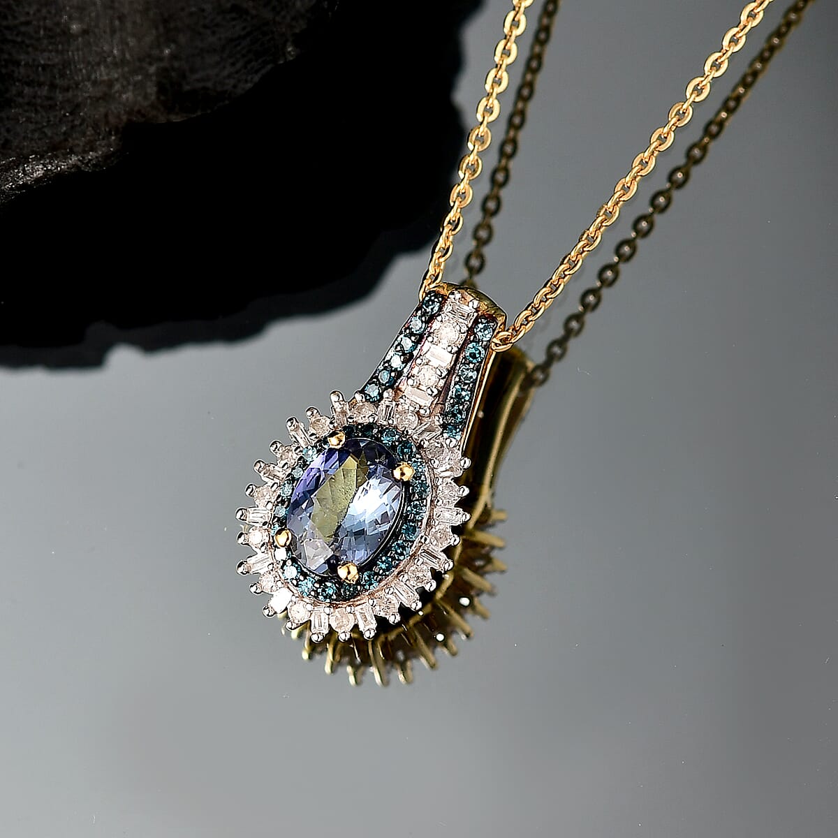 D'Joy Peacock Tanzanite, Blue and White Diamond 1.20 ctw Radiant Sunburst Pendant Necklace 20 Inches in 18K Vermeil Yellow Gold Over Sterling Silver image number 1