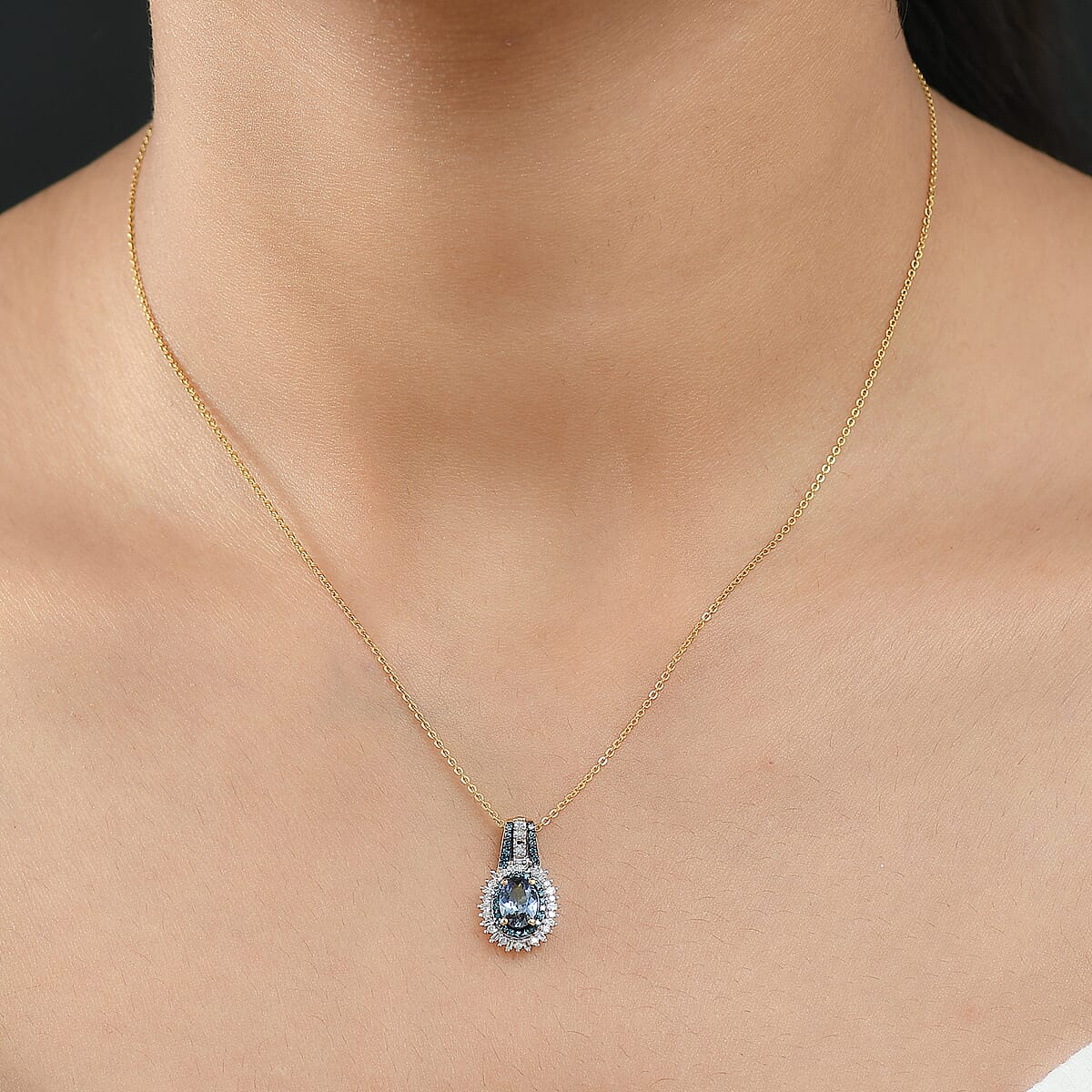 D'Joy Peacock Tanzanite, Blue and White Diamond 1.20 ctw Radiant Sunburst Pendant Necklace 20 Inches in 18K Vermeil Yellow Gold Over Sterling Silver image number 2