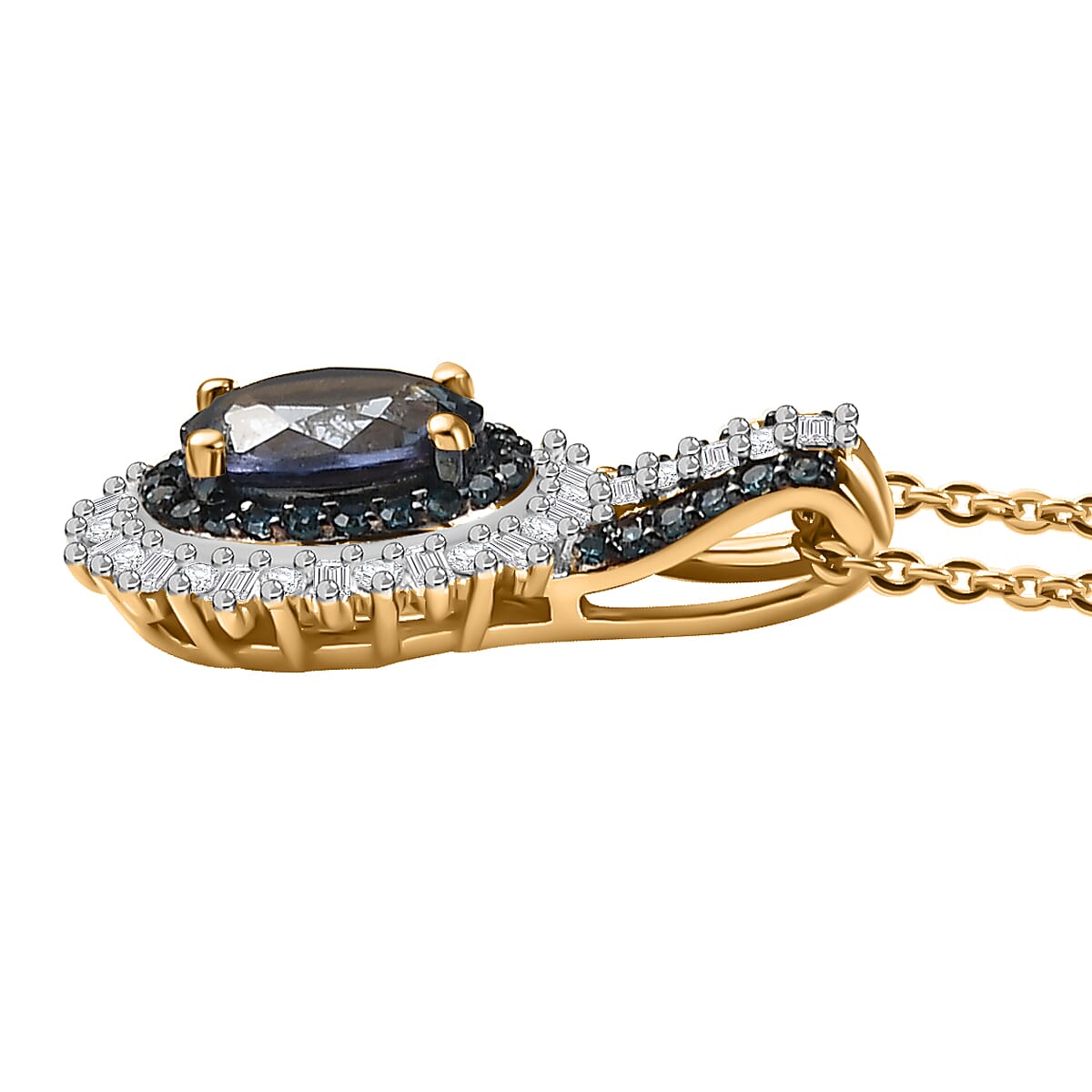 D'Joy Peacock Tanzanite, Blue and White Diamond 1.20 ctw Radiant Sunburst Pendant Necklace 20 Inches in 18K Vermeil Yellow Gold Over Sterling Silver image number 3