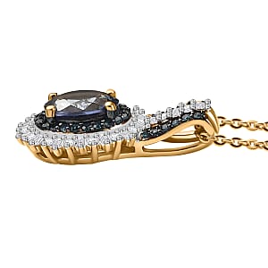 D'Joy Peacock Tanzanite, Blue and White Diamond 1.20 ctw Radiant Sunburst Pendant Necklace 20 Inches in 18K Vermeil Yellow Gold Over Sterling Silver