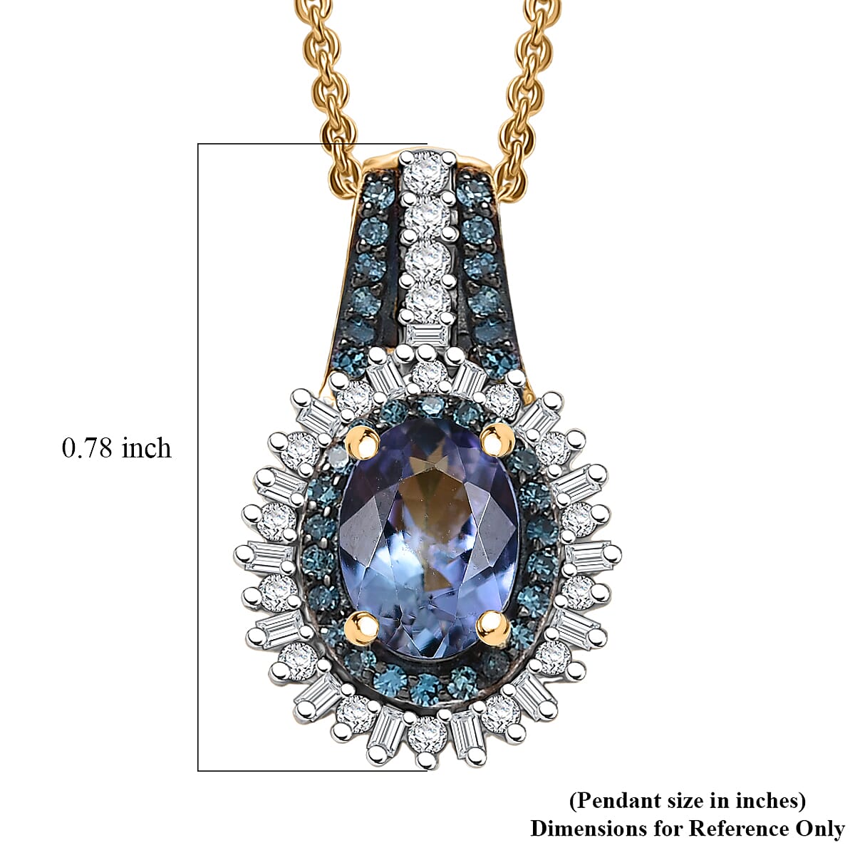 D'Joy Peacock Tanzanite, Blue and White Diamond 1.20 ctw Radiant Sunburst Pendant Necklace 20 Inches in 18K Vermeil Yellow Gold Over Sterling Silver image number 5