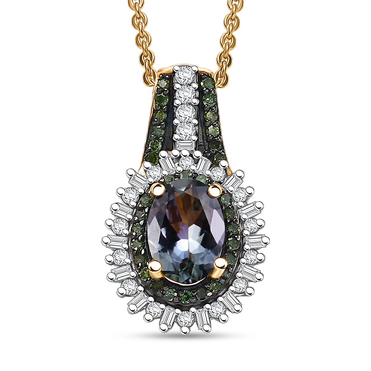 D'Joy Green Tanzanite, Green and White Diamond 1.25 ctw Radiant Sunburst Pendant Necklace 20 Inches in 18K Vermeil Yellow Gold Over Sterling Silver image number 0