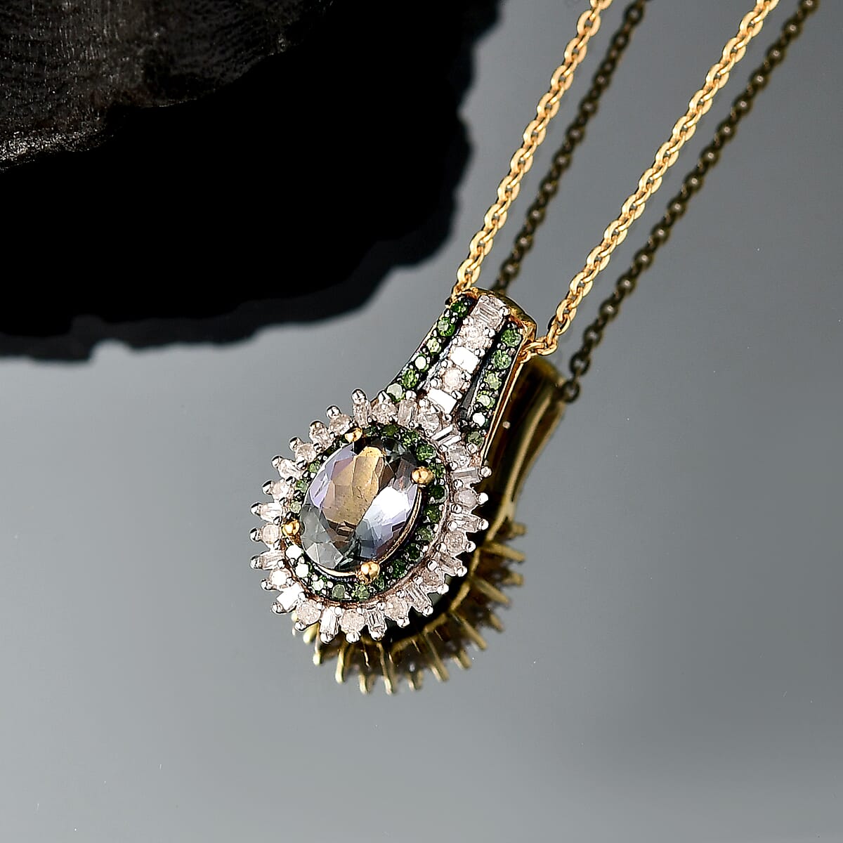 D'Joy Green Tanzanite, Green and White Diamond 1.25 ctw Radiant Sunburst Pendant Necklace 20 Inches in 18K Vermeil Yellow Gold Over Sterling Silver image number 1